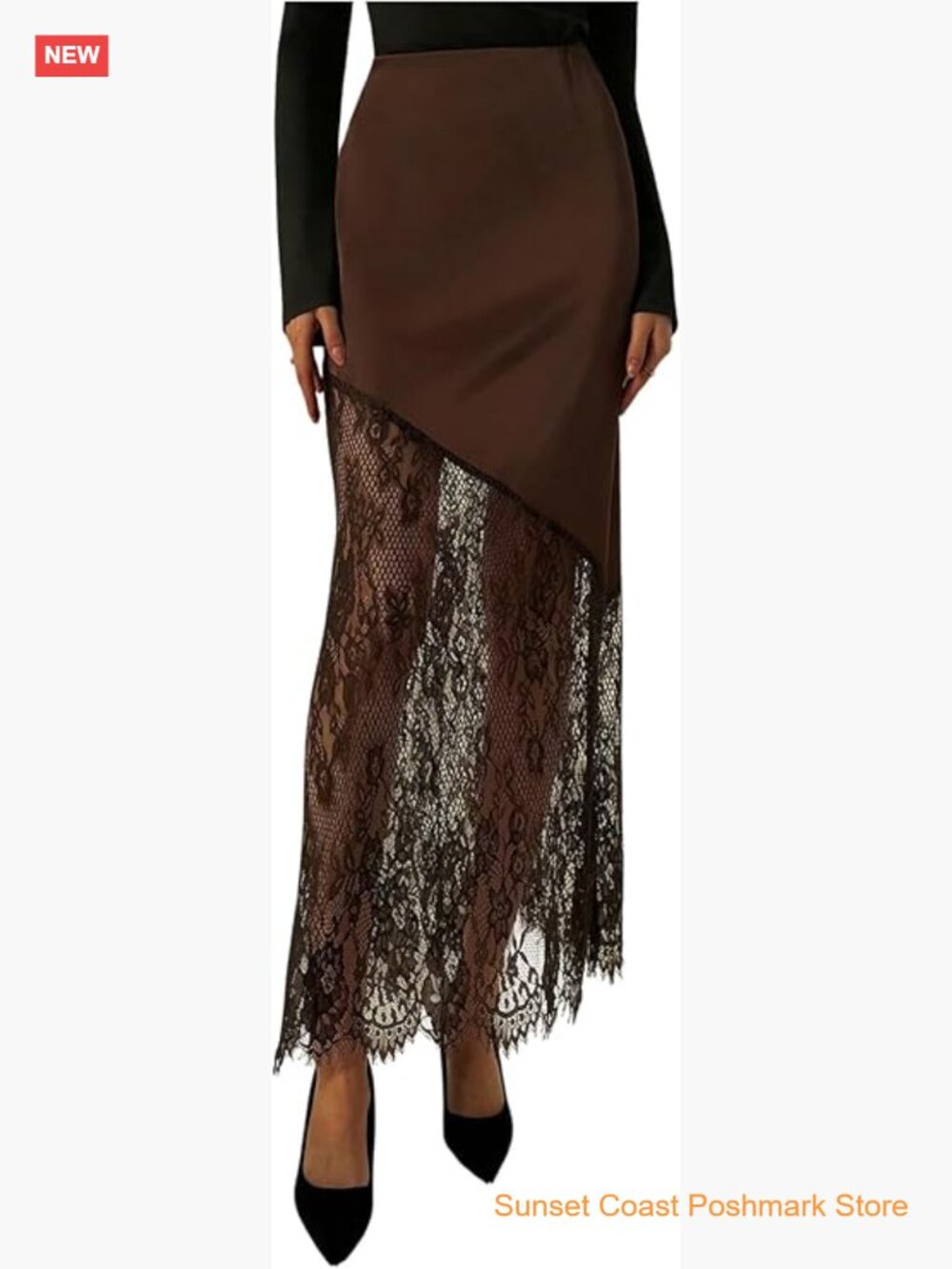 Womens Lace Patchwork Satin Maxi Skirt High Waisted A-Line Ruffle Boho